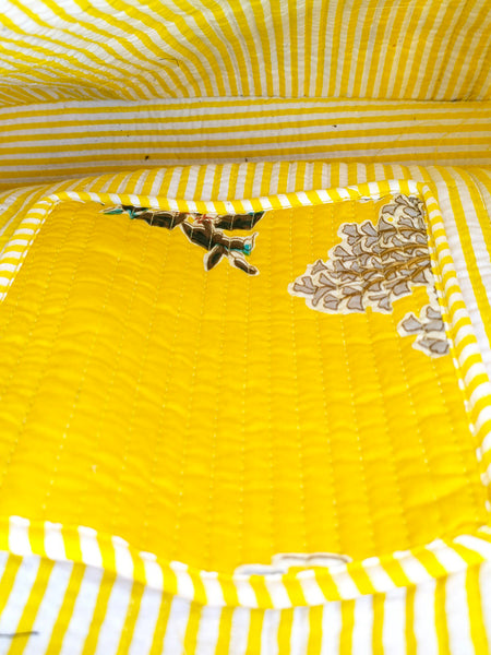 Quilted Cotton Handprinted Reversible Large Soft Yellow Floral Tote Bag Eco friendly Sustainable Sturdy Grocery Shopping Handmade Art Boho