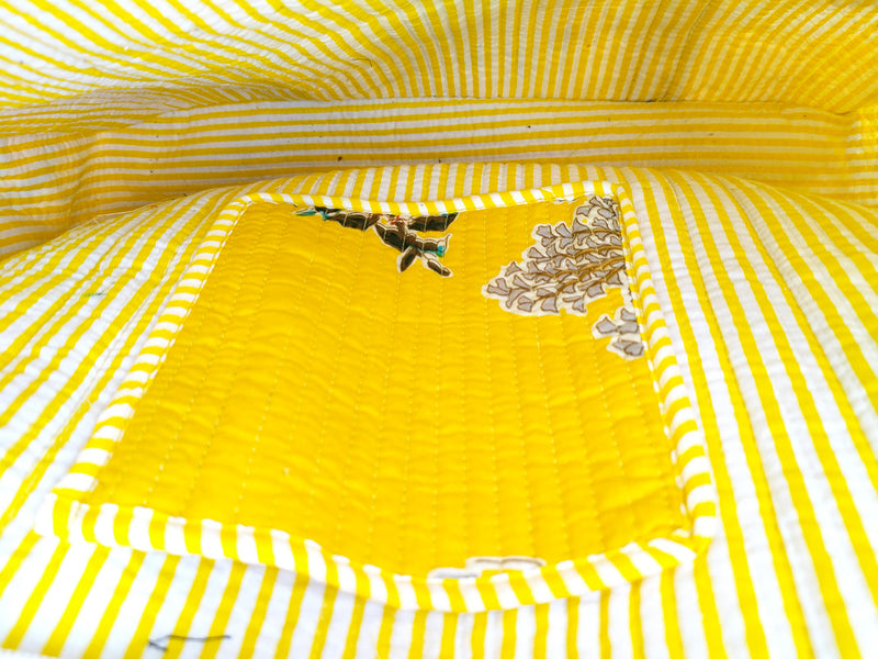 Quilted Cotton Handprinted Reversible Large Soft Yellow Floral Tote Bag Eco friendly Sustainable Sturdy Grocery Shopping Handmade Art Boho