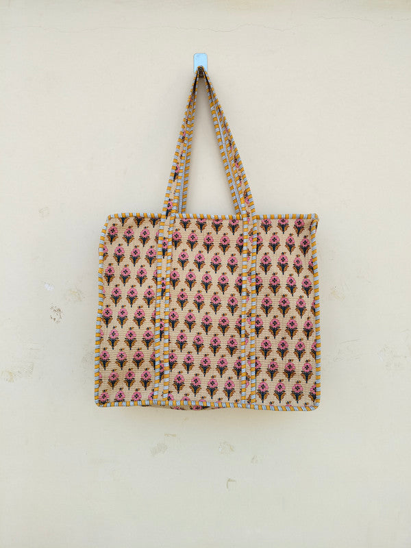 Block Print Quilted Tote Bag, Handmade Quilted Bag Soft Indian Cotton Tote Bag, Travel Bag, Shoulder Bag, Large Tote Bag Eco friendly Bag