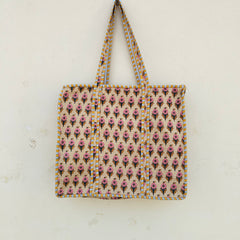 Block Print Quilted Tote Bag, Handmade Quilted Bag Soft Indian Cotton Tote Bag, Travel Bag, Shoulder Bag, Large Tote Bag Eco friendly Bag