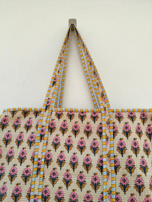 Block Print Quilted Tote Bag, Handmade Quilted Bag Soft Indian Cotton Tote Bag, Travel Bag, Shoulder Bag, Large Tote Bag Eco friendly Bag