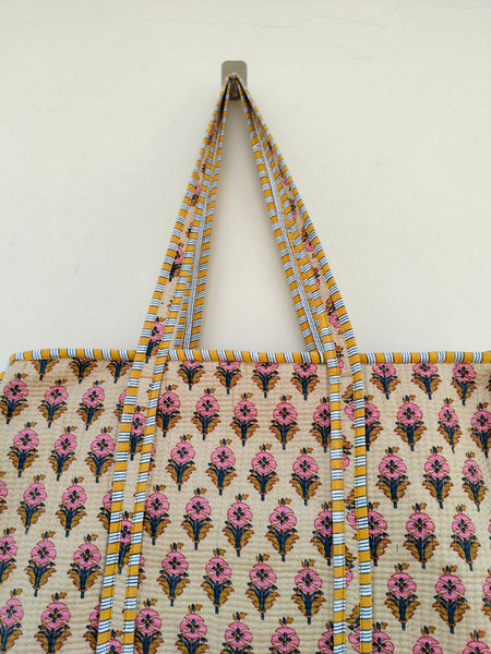 Block Print Quilted Tote Bag, Handmade Quilted Bag Soft Indian Cotton Tote Bag, Travel Bag, Shoulder Bag, Large Tote Bag Eco friendly Bag