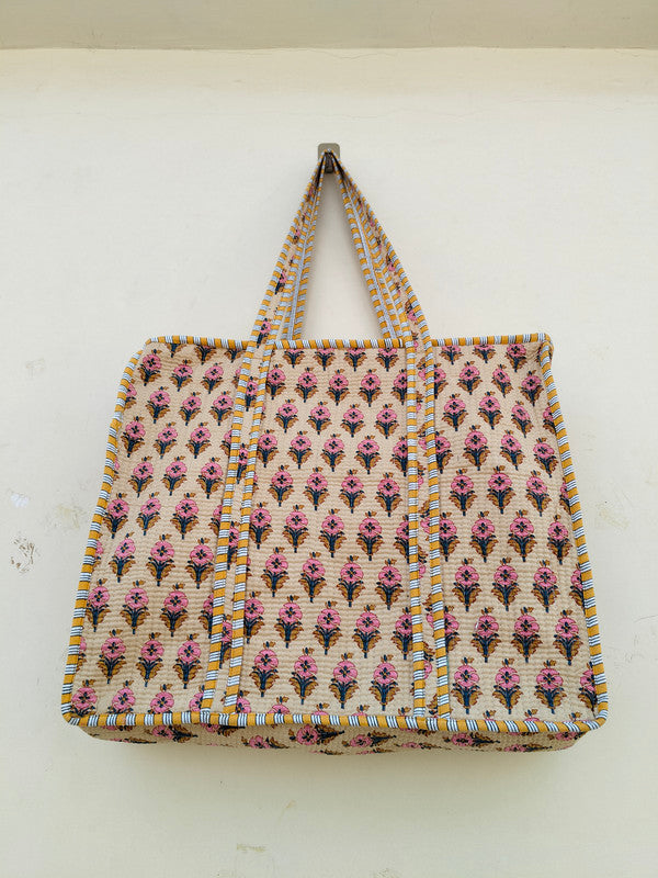 Block Print Quilted Tote Bag, Handmade Quilted Bag Soft Indian Cotton Tote Bag, Travel Bag, Shoulder Bag, Large Tote Bag Eco friendly Bag