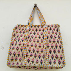 Block Print Quilted Tote Bag, Handmade Quilted Bag Soft Indian Cotton Tote Bag, Travel Bag, Shoulder Bag, Large Tote Bag Eco friendly Bag