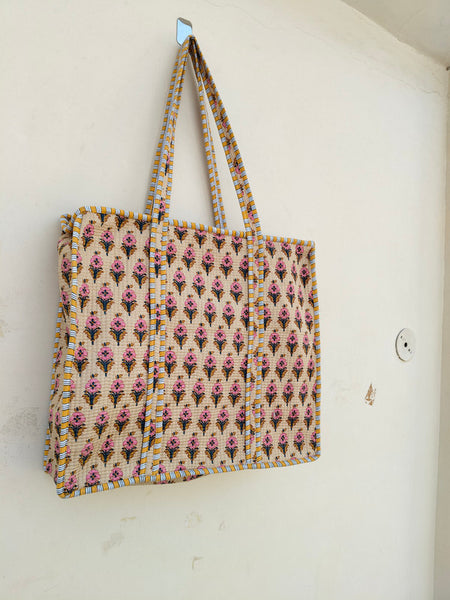 Block Print Quilted Tote Bag, Handmade Quilted Bag Soft Indian Cotton Tote Bag, Travel Bag, Shoulder Bag, Large Tote Bag Eco friendly Bag