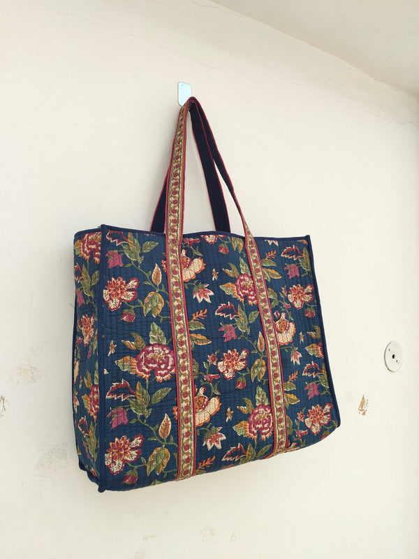 Eco-friendly premium Quilted Cotton Hand printed Reversible Large Tote bags/Large Cotton Weekender Travel Bag/Beach bag/Carrying Kids items