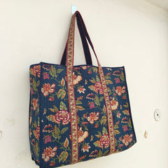 Eco-friendly premium Quilted Cotton Hand printed Reversible Large Tote bags/Large Cotton Weekender Travel Bag/Beach bag/Carrying Kids items