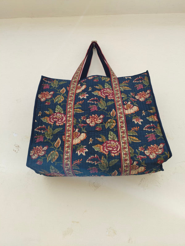 Eco-friendly premium Quilted Cotton Hand printed Reversible Large Tote bags/Large Cotton Weekender Travel Bag/Beach bag/Carrying Kids items