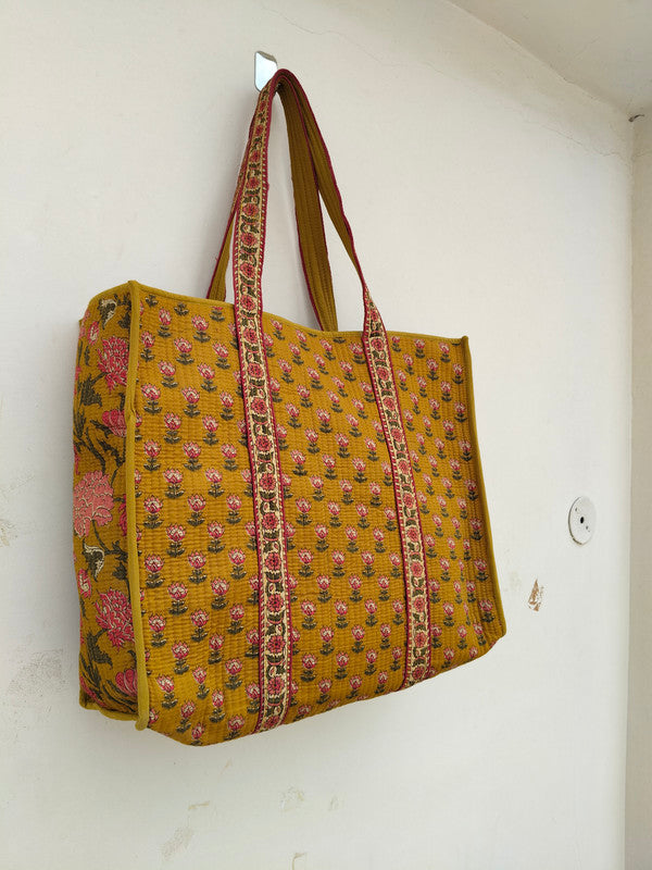New Cotton Quilted Hand Block Printed Large Tote Bag Floral Printed Eco friendly Travelling Grocery Shopping Handmade Boho bag For Women