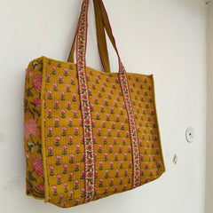 New Cotton Quilted Hand Block Printed Large Tote Bag Floral Printed Eco friendly Travelling Grocery Shopping Handmade Boho bag For Women