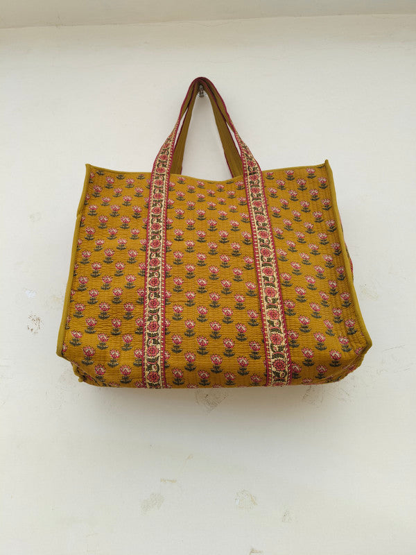 New Cotton Quilted Hand Block Printed Large Tote Bag Floral Printed Eco friendly Travelling Grocery Shopping Handmade Boho bag For Women