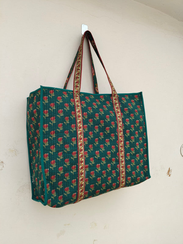 Eco-friendly premium Quilted Cotton Hand printed Reversible Large Tote bags/Large Cotton Weekender Travel Bag/Beach bag/Carrying Kids items - 2