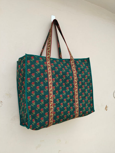 Eco-friendly premium Quilted Cotton Hand printed Reversible Large Tote bags/Large Cotton Weekender Travel Bag/Beach bag/Carrying Kids items - 2