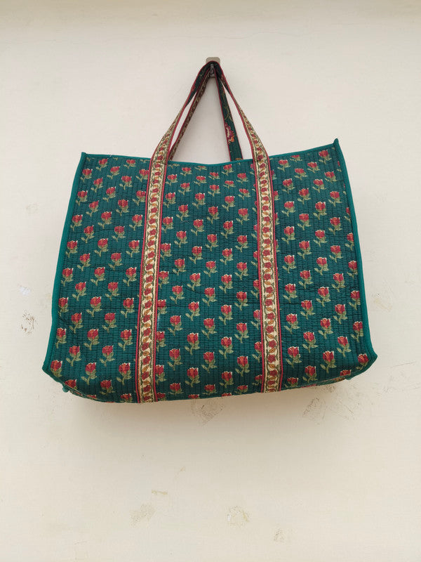 Eco-friendly premium Quilted Cotton Hand printed Reversible Large Tote bags/Large Cotton Weekender Travel Bag/Beach bag/Carrying Kids items - 2