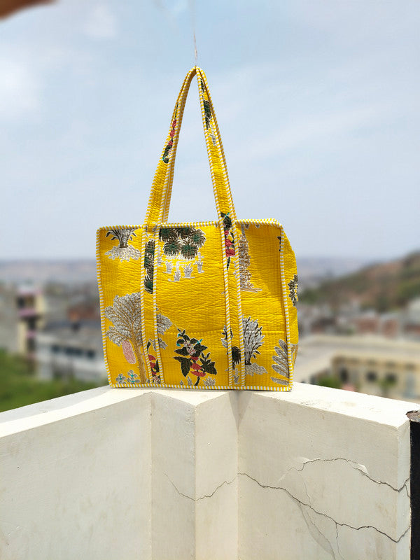 Quilted Cotton Handprinted Reversible Large Soft Yellow Floral Tote Bag Eco friendly Sustainable Sturdy Grocery Shopping Handmade Art Boho
