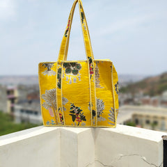 Quilted Cotton Handprinted Reversible Large Soft Yellow Floral Tote Bag Eco friendly Sustainable Sturdy Grocery Shopping Handmade Art Boho