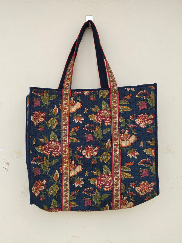 Eco-friendly premium Quilted Cotton Hand printed Reversible Large Tote bags/Large Cotton Weekender Travel Bag/Beach bag/Carrying Kids items