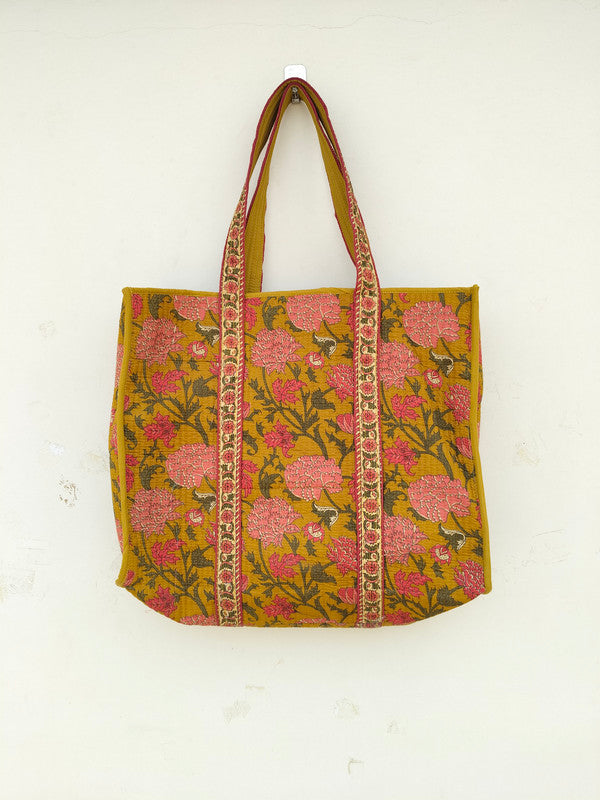 New Cotton Quilted Hand Block Printed Large Tote Bag Floral Printed Eco friendly Travelling Grocery Shopping Handmade Boho bag For Women