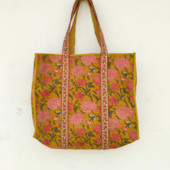 New Cotton Quilted Hand Block Printed Large Tote Bag Floral Printed Eco friendly Travelling Grocery Shopping Handmade Boho bag For Women