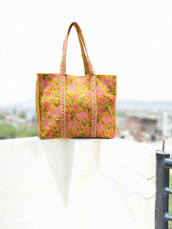 New Cotton Quilted Hand Block Printed Large Tote Bag Floral Printed Eco friendly Travelling Grocery Shopping Handmade Boho bag For Women