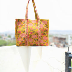 New Cotton Quilted Hand Block Printed Large Tote Bag Floral Printed Eco friendly Travelling Grocery Shopping Handmade Boho bag For Women