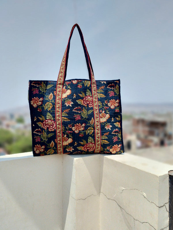 Eco-friendly premium Quilted Cotton Hand printed Reversible Large Tote bags/Large Cotton Weekender Travel Bag/Beach bag/Carrying Kids items