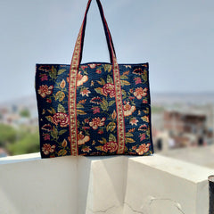 Eco-friendly premium Quilted Cotton Hand printed Reversible Large Tote bags/Large Cotton Weekender Travel Bag/Beach bag/Carrying Kids items