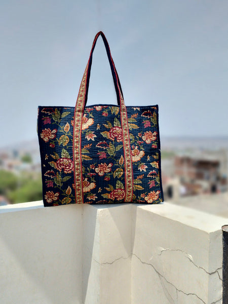 Eco-friendly premium Quilted Cotton Hand printed Reversible Large Tote bags/Large Cotton Weekender Travel Bag/Beach bag/Carrying Kids items