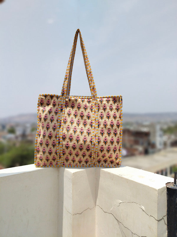 Block Print Quilted Tote Bag, Handmade Quilted Bag Soft Indian Cotton Tote Bag, Travel Bag, Shoulder Bag, Large Tote Bag Eco friendly Bag