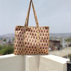 Block Print Quilted Tote Bag, Handmade Quilted Bag Soft Indian Cotton Tote Bag, Travel Bag, Shoulder Bag, Large Tote Bag Eco friendly Bag