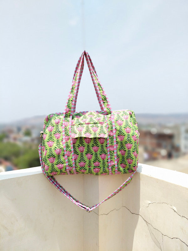 Friendly Quilted Cotton Tote Boho Floral Duffle for Yoga, Beach, green bag & Everyday Use