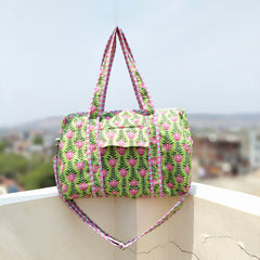 Friendly Quilted Cotton Tote Boho Floral Duffle for Yoga, Beach, green bag & Everyday Use