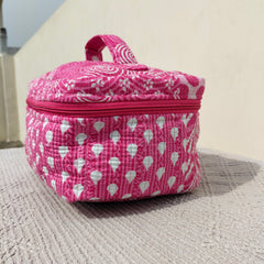 Large Quilted Makeup Bag Cosmetic Vanity Case / Cotton Travel Storage Bag / Opens Flat for Easy Access Toiletry Bag Bridal Shower Gift - 6