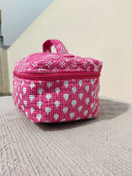 Large Quilted Makeup Bag Cosmetic Vanity Case / Cotton Travel Storage Bag / Opens Flat for Easy Access Toiletry Bag Bridal Shower Gift - 6