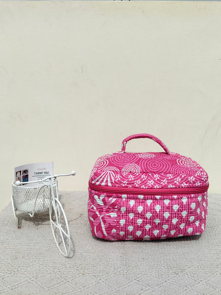 Large Quilted Makeup Bag Cosmetic Vanity Case / Cotton Travel Storage Bag / Opens Flat for Easy Access Toiletry Bag Bridal Shower Gift - 6