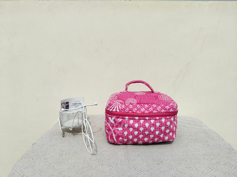 Large Quilted Makeup Bag Cosmetic Vanity Case / Cotton Travel Storage Bag / Opens Flat for Easy Access Toiletry Bag Bridal Shower Gift - 6