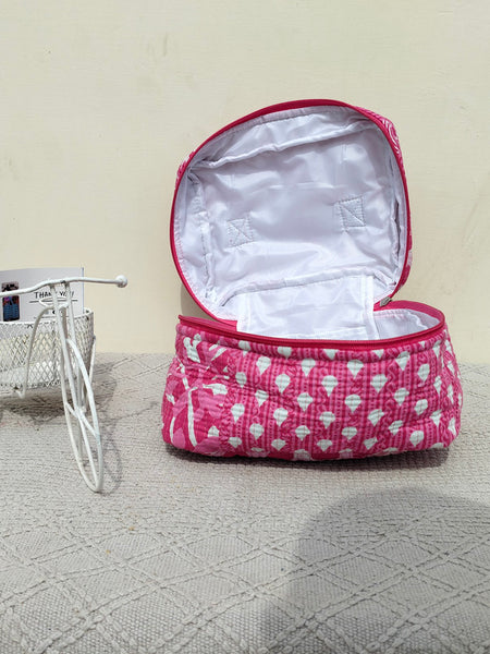 Large Quilted Makeup Bag Cosmetic Vanity Case / Cotton Travel Storage Bag / Opens Flat for Easy Access Toiletry Bag Bridal Shower Gift - 6