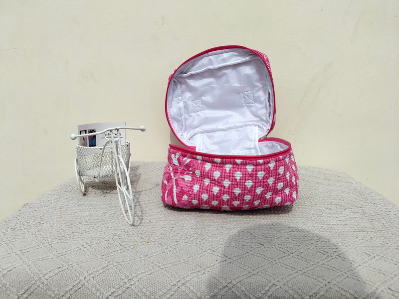 Large Quilted Makeup Bag Cosmetic Vanity Case / Cotton Travel Storage Bag / Opens Flat for Easy Access Toiletry Bag Bridal Shower Gift - 6