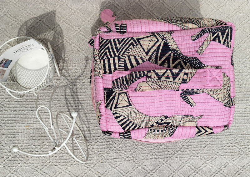 Large Quilted Makeup Bag Cosmetic Vanity Case / Cotton Travel Storage Bag / Opens Flat for Easy Access Toiletry Bag Bridal Shower Gift - 5