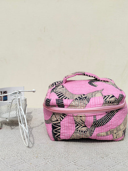 Large Quilted Makeup Bag Cosmetic Vanity Case / Cotton Travel Storage Bag / Opens Flat for Easy Access Toiletry Bag Bridal Shower Gift - 5