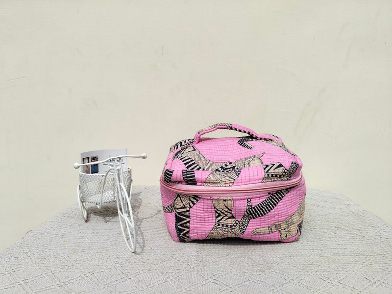 Large Quilted Makeup Bag Cosmetic Vanity Case / Cotton Travel Storage Bag / Opens Flat for Easy Access Toiletry Bag Bridal Shower Gift - 5