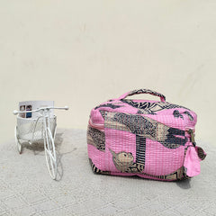 Large Quilted Makeup Bag Cosmetic Vanity Case / Cotton Travel Storage Bag / Opens Flat for Easy Access Toiletry Bag Bridal Shower Gift - 5