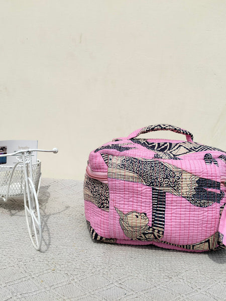 Large Quilted Makeup Bag Cosmetic Vanity Case / Cotton Travel Storage Bag / Opens Flat for Easy Access Toiletry Bag Bridal Shower Gift - 5