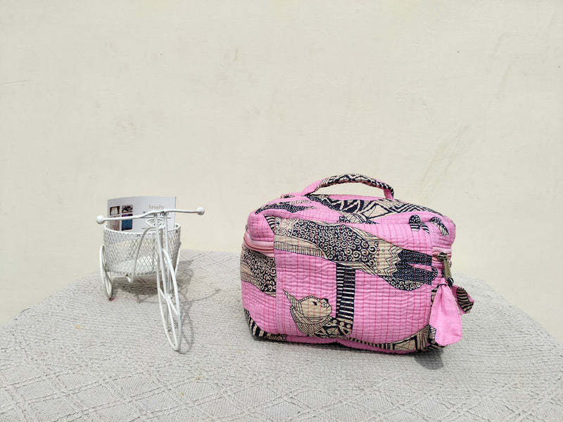 Large Quilted Makeup Bag Cosmetic Vanity Case / Cotton Travel Storage Bag / Opens Flat for Easy Access Toiletry Bag Bridal Shower Gift - 5