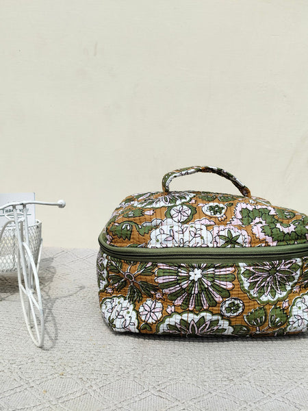 Large Quilted Makeup Bag Cosmetic Vanity Case / Cotton Travel Storage Bag / Opens Flat for Easy Access Toiletry Bag Bridal Shower Gift - 1