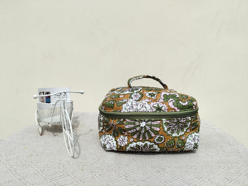 Large Quilted Makeup Bag Cosmetic Vanity Case / Cotton Travel Storage Bag / Opens Flat for Easy Access Toiletry Bag Bridal Shower Gift - 1