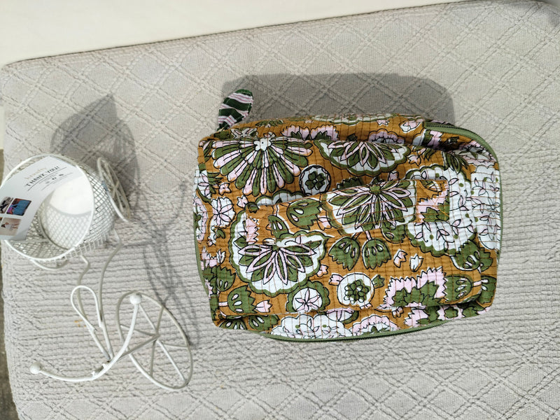 Large Quilted Makeup Bag Cosmetic Vanity Case / Cotton Travel Storage Bag / Opens Flat for Easy Access Toiletry Bag Bridal Shower Gift - 1