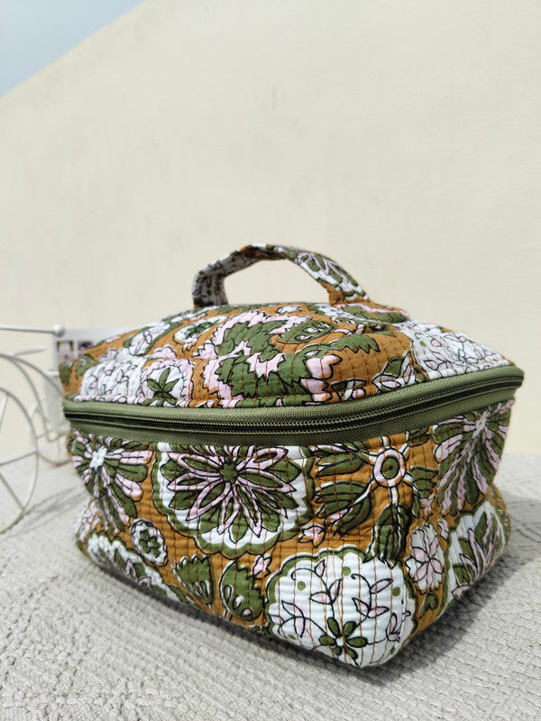 Large Quilted Makeup Bag Cosmetic Vanity Case / Cotton Travel Storage Bag / Opens Flat for Easy Access Toiletry Bag Bridal Shower Gift - 1