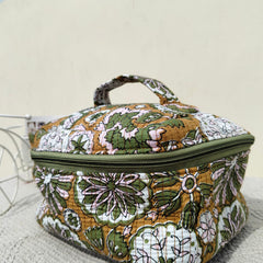 Large Quilted Makeup Bag Cosmetic Vanity Case / Cotton Travel Storage Bag / Opens Flat for Easy Access Toiletry Bag Bridal Shower Gift - 1