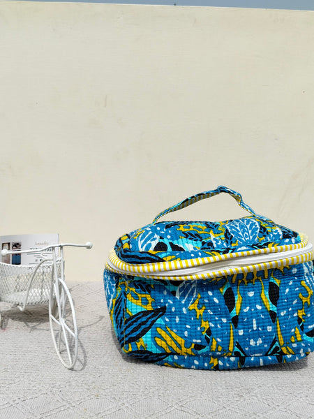 Large Quilted Makeup Bag Cosmetic Vanity Case / Cotton Travel Storage Bag / Opens Flat for Easy Access Toiletry Bag Bridal Shower Gift - 3